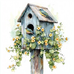 A charming wooden birdhouse adorned with yellow flowers and green vines, featuring two colorful birds perched on its roof.