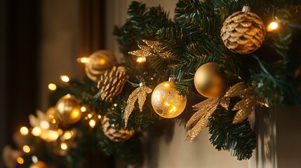 Wall Mural - Festive Christmas tree adorned with golden ornaments, pinecones, and twinkling lights creates a warm and inviting holiday atmosphere in a cozy home setting.