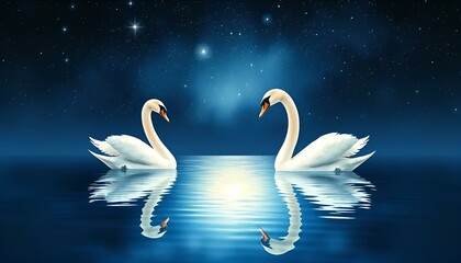 Naklejka na meble Two elegant swans swimming gracefully on a moonlit lake at night

