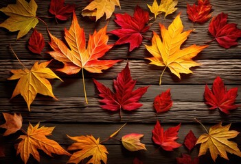 Wall Mural - beautiful arrangement vibrant autumn leaves aged wooden texture creating stunning visual delight seasonal colors textures, pattern, background, nature