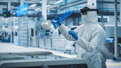 Fototapete - Sterile Coverall Wearing Engineer Uses Augmented Reality Headset to Interact With 3D Holographic Model of Silicon Microchip in Manufacturing Facility, Engineering of Personal Computer Hardware