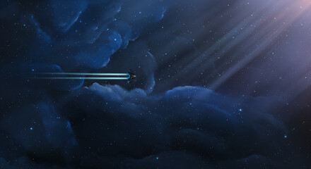 Wall Mural - space background. spaceship fly through colorful blue nebula with starfield. digital painting, 3d re