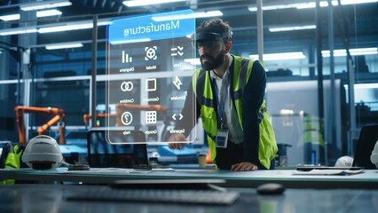Fototapete - Male Engineer Uses an Augmented Reality Headset to Interact With 3D Holographic Model of Engine in a High-tech Factory, Showcasing Innovative Manufacturing Processes and Advanced Digital Visualization