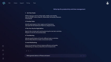 Concept of AI Chatbot Interface Generate Answer: Prompt on Productivity, Fitness Advice. AI Assistant Interaction and Practical Tips Enhancing Everyday Tasks, Personal Wellbeing.