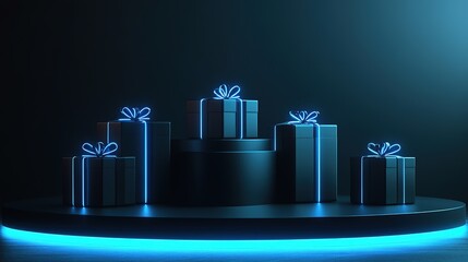 Wall Mural - blue neon gift boxes on circular platform with dark background