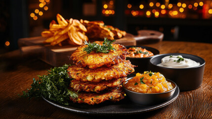 Crispy latkes with applesauce and sour cream on wooden table