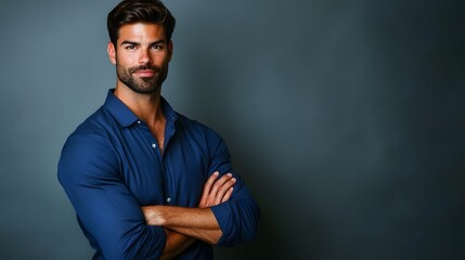 Wall Mural - Confident man standing with arms crossed against a dark background.