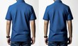 © Rising Monk - Blank collared shirt mock up template, front and back view, Asian teenage male model wearing plain blue t-shirt isolated on white. Polo tee design mockup, Generative AI