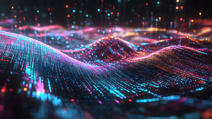 Glowing data stream texture with multicolored code and interconnected luminous nodes