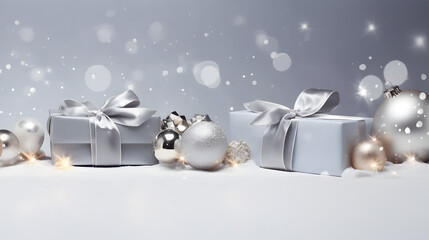 Wall Mural - silver christmas gifts, balls and decorations in a row on a gold abstract background. horizontal com