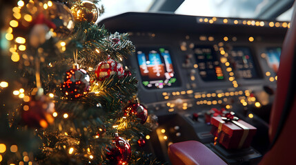 Decorated Christmas tree with gifts inside a cocpit of an airplane. Concept of Christmas celebration during flight, travel and holiday.