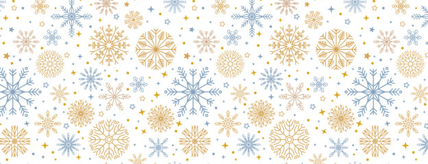 Aufkleber - Christmas background with gold snowflakes and stars seamless pattern. Snowflakes with different intricate details. Retro textile ornament. Vector