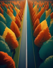 Canvas Print - A long road cuts through a vibrant autumn forest, creating a stunning autumnal landscape.