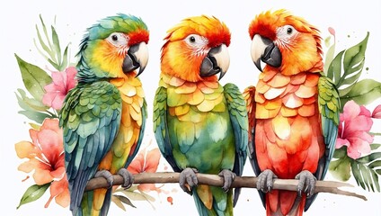 Naklejka na meble Colorful Parrots in Watercolor, Flying Birds on White Background