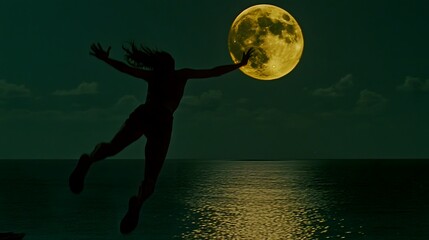 a person jumping into the ocean, with the full moon reflecting on the water.