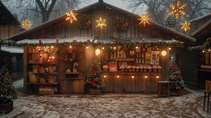 Wall Mural - Festive market stall adorned with twinkling lights and holiday decorations in a winter wonderland. Generative AI