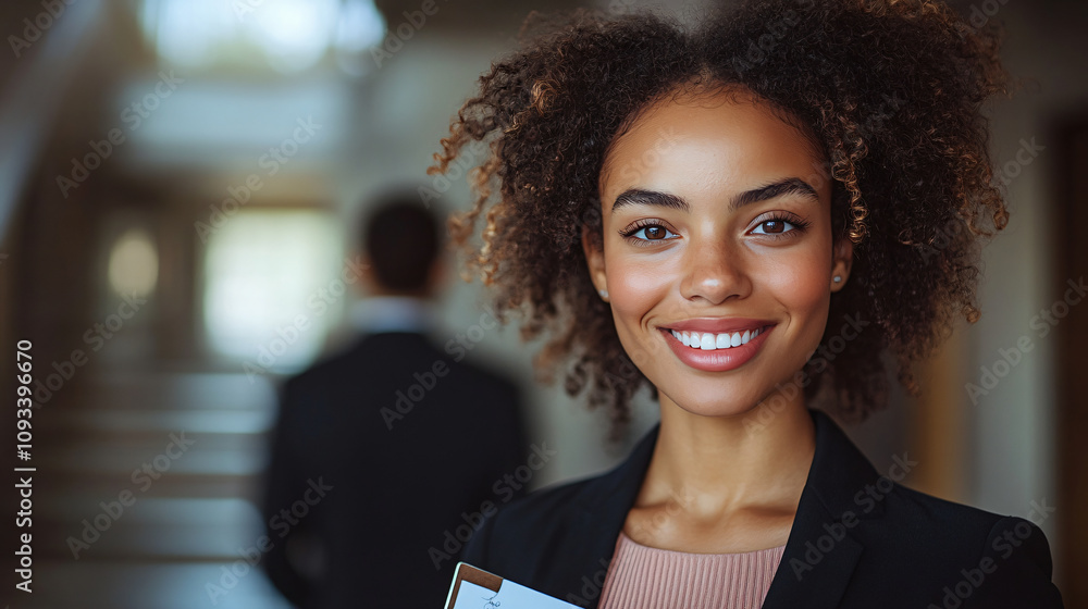 a young Black woman with curly hair smiling at the camera. She's ...
