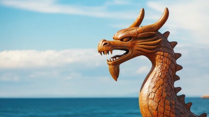 Viking longship figurehead resembling a dragon set against a tranquil ocean background with open space for text in a wide format layout.