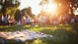 © GenZGraphics - Families gathered for a picnic in a sunlit park, enjoying fellowship and a church conference vibe with a soft-focused background and ample copy space.