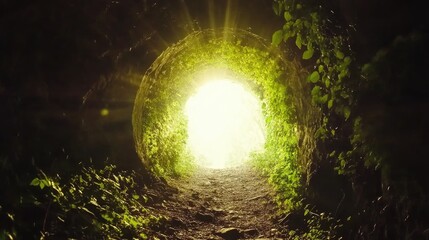 Illuminated tunnel in a lush forest symbolizing spiritual exploration and personal growth, with vibrant greenery framing a bright, hopeful light.