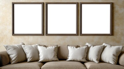 Three empty frames on a wall above a cozy sofa filled with cushions, creating a serene living room ambiance for design mockups.