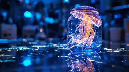Fototapete - 3d rendering of jellyfish in a glass jar with neon lights