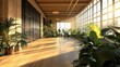 © AIArtistry - Bright contemporary loft interior with expansive windows, warm wooden flooring, and an array of lush green plants creating a serene atmosphere.
