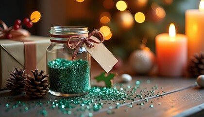 Wall Mural - Christmas home decor with glitter jar and candles. Cozy home decorations for winter holidays