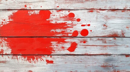 Vibrant red paint splatter creating an artistic contrast against weathered wooden planks showcasing rustic texture and vibrant color dynamics.