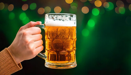 Person toasting with beer glasses in a pub. Bar interior background with bokeh effect. Oktoberfest festival, St. Patrick's Day celebration. Craft brewery concept. Green background