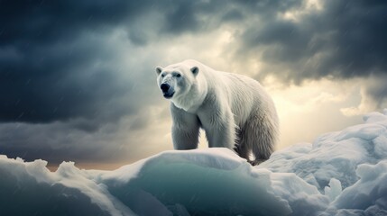 Wall Mural - a majestic polar bear roaring on ice under a dramatic sky, capturing the raw power and beauty of arc
