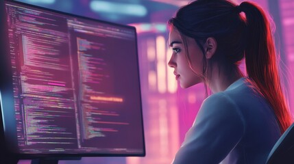 Focused Female Software Engineer Working Late - Woman programmer coding late night, digital office, technology, innovation, future