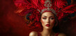 © Ricardo - Reina del Carnaval con Tocado de Plumas y Rojos Vibrantes. Retrato artístico de una mujer elegante con un elaborado tocado de plumas rojas y detalles dorados, acompañada de fondo de encaje rojo.