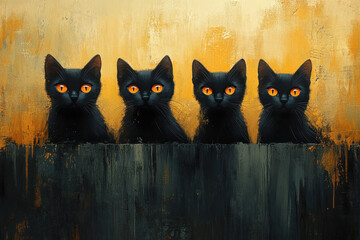 Naklejka na meble Four black cats sitting in a row with bright amber eyes. Their mysterious images create a mystical atmosphere.  
