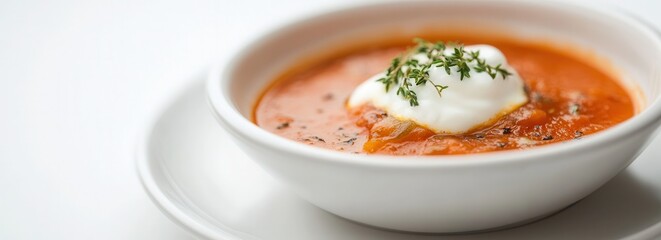 Wall Mural - Ukrainian borscht topped with sour cream and fresh thyme served elegantly in a rustic French restaurant setting, banner, food background