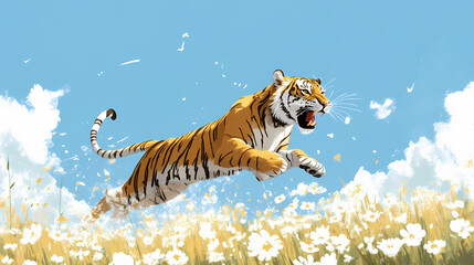 Wall Mural - Tiger chases deerin the prairie white flowers dotted,clean blue sky background, ai generative. Jungle Tiger Chase. Illustration