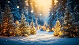 Zimowy las z  choinkami oświetlonymi złotym światłem