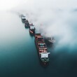 © Pakim - Freight shipping operations foggy waters aerial view container ships maritime industry impact