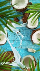 Poster - Super Slow Motion Shot of Falling Coconut on Wooden Background, top shot, 1000 fps.