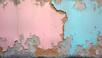 Old building wall facade shows peeling paint in light pink, light blue colors. Concrete texture rough, damaged. Visible cracks, chipped plaster demonstrate deterioration. Exterior of house shows