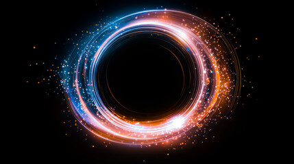 Wall Mural - airy digital neon blue and orange tech circle on black background. science, futuristic digital techn