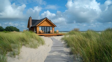 Wall Mural - Holidays on a sandy beach and leisure in a waterfront wooden cottage at Katwijkonzee in the North Sea of the Netherlands