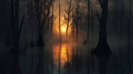 Poster - Mysterious foggy swamp landscape with dark trees and golden light reflections at sunset. Foggy Swamp Landscape. Illustration