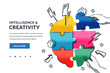 © Qualit Design - Creativity, intelligence, education concept. Human hands joining brain shape puzzle. Vector hand drawn illustration