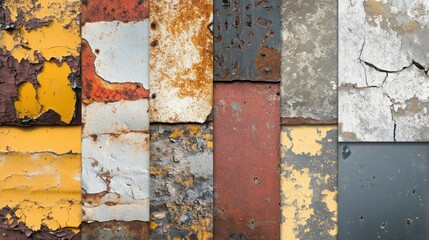 Wall Mural - Collage of weathered metal surfaces with peeling paint and rust in various color