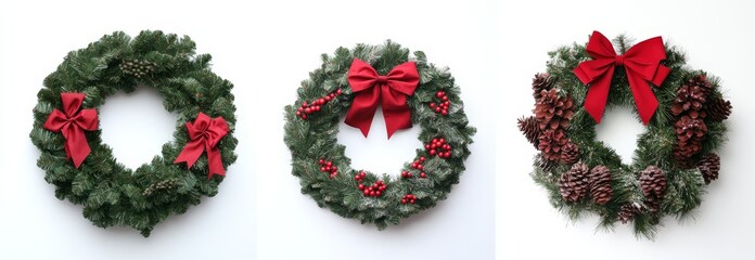 A festive wreath featuring pine and spruce branches, decorated with pine cones, berries, and a ribbon bow.