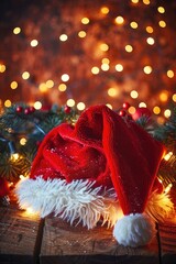 Poster - A festive red Santa hat sits atop a wooden table, ready for use