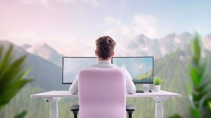 Wall Mural - a person working remotely from a home office equipped with a standing desk, ergonomic chair, and mul
