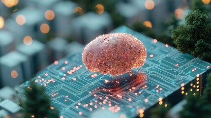 Wall Mural - a holographic projection of a human brain with data streams flowing around it, visualizing the conce
