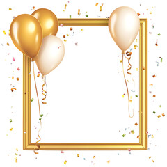 gold frame with balloons and confetti